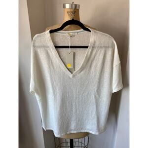 Boden 100% Linen Knitted V_Neck T-Shirt Top in Cream size US 10 nwt